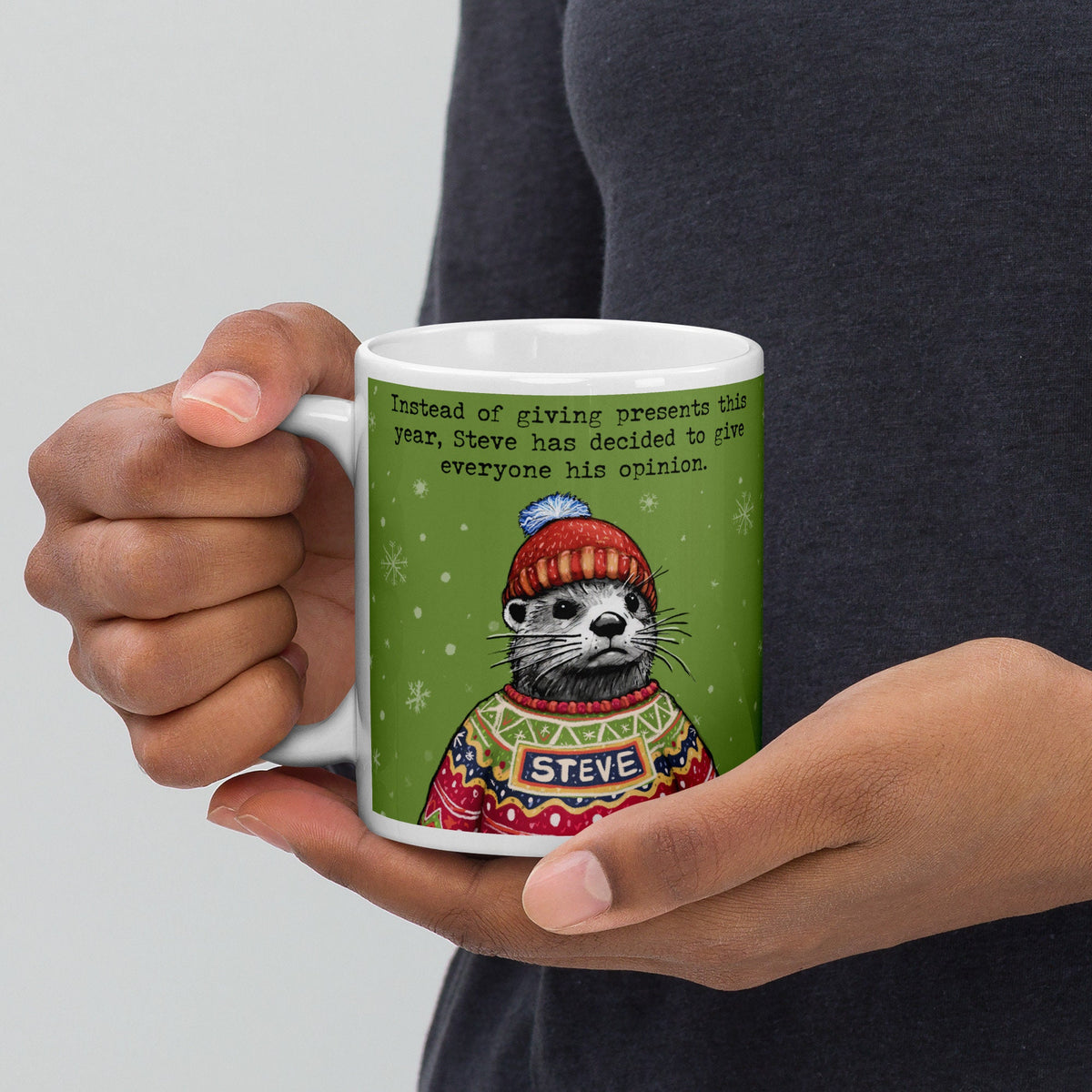 Holding the Christmas Opinions otter mug