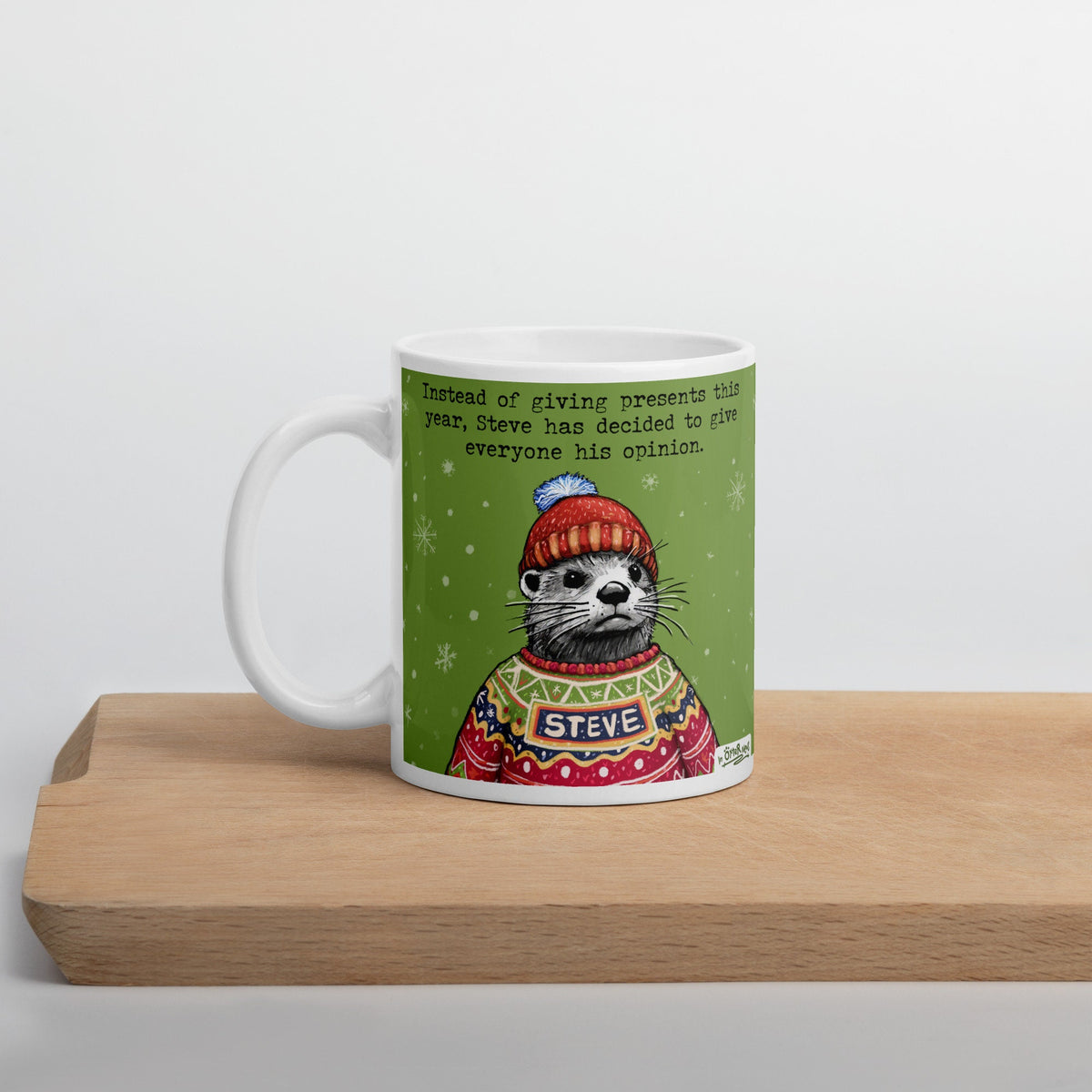 Christmas Opinions mug on a wooden board