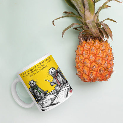Steve Explains mug next to a pineapple