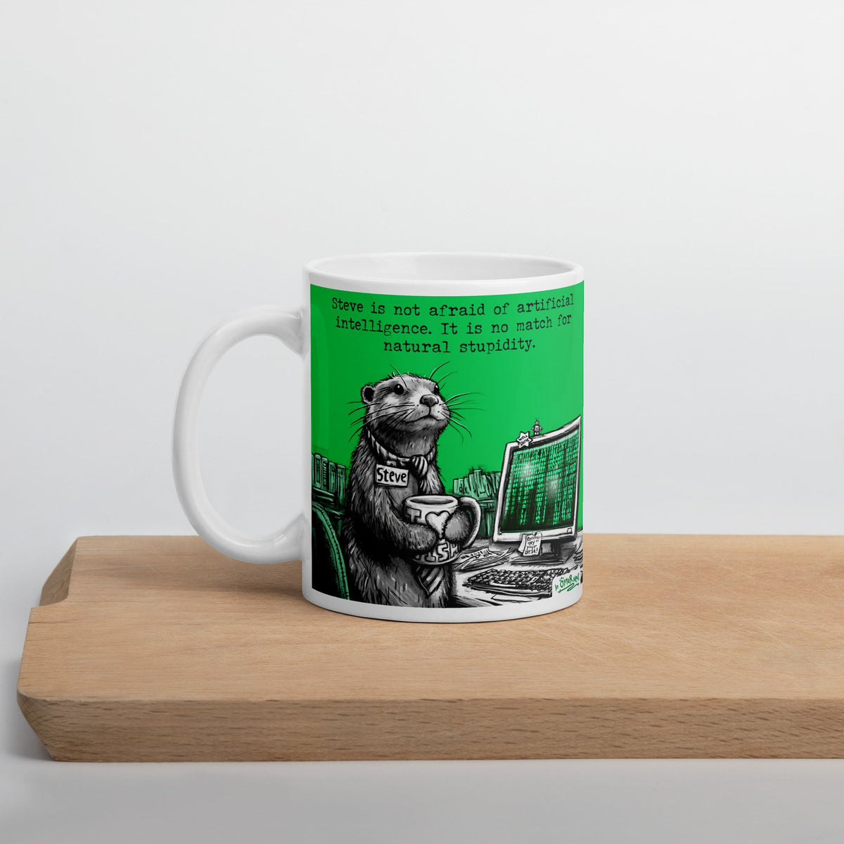 Artificial Intelligence mug, 11 oz, on a wooden board