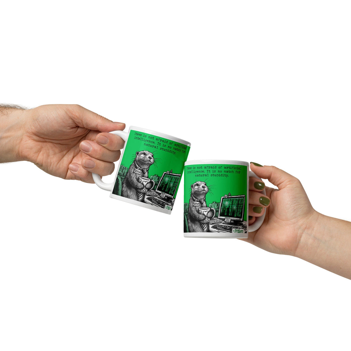 Two Artificial Intelligence mugs being passed between hands