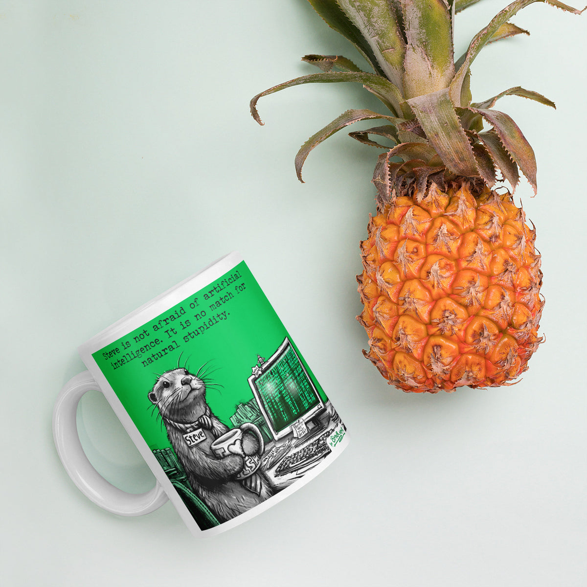 Artificial Intelligence mug next to a pineapple