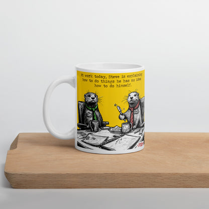 Steve Explains mug on a wooden board, from the back