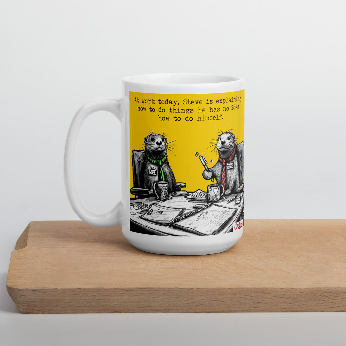 Steve Explains mug on a wooden board, side view