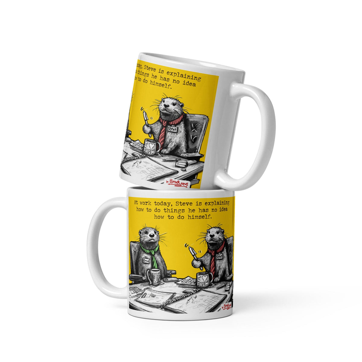 Steve Explains mug in both sizes, stacked