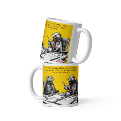 Steve Explains mug in both sizes, stacked