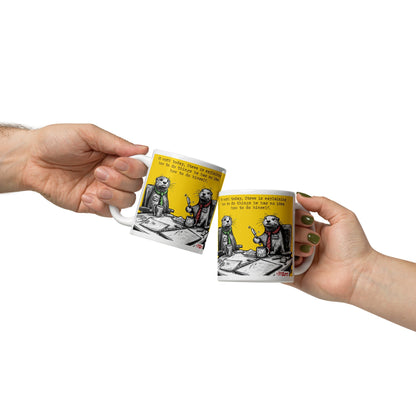 Two Steve Explains mugs being passed between hands