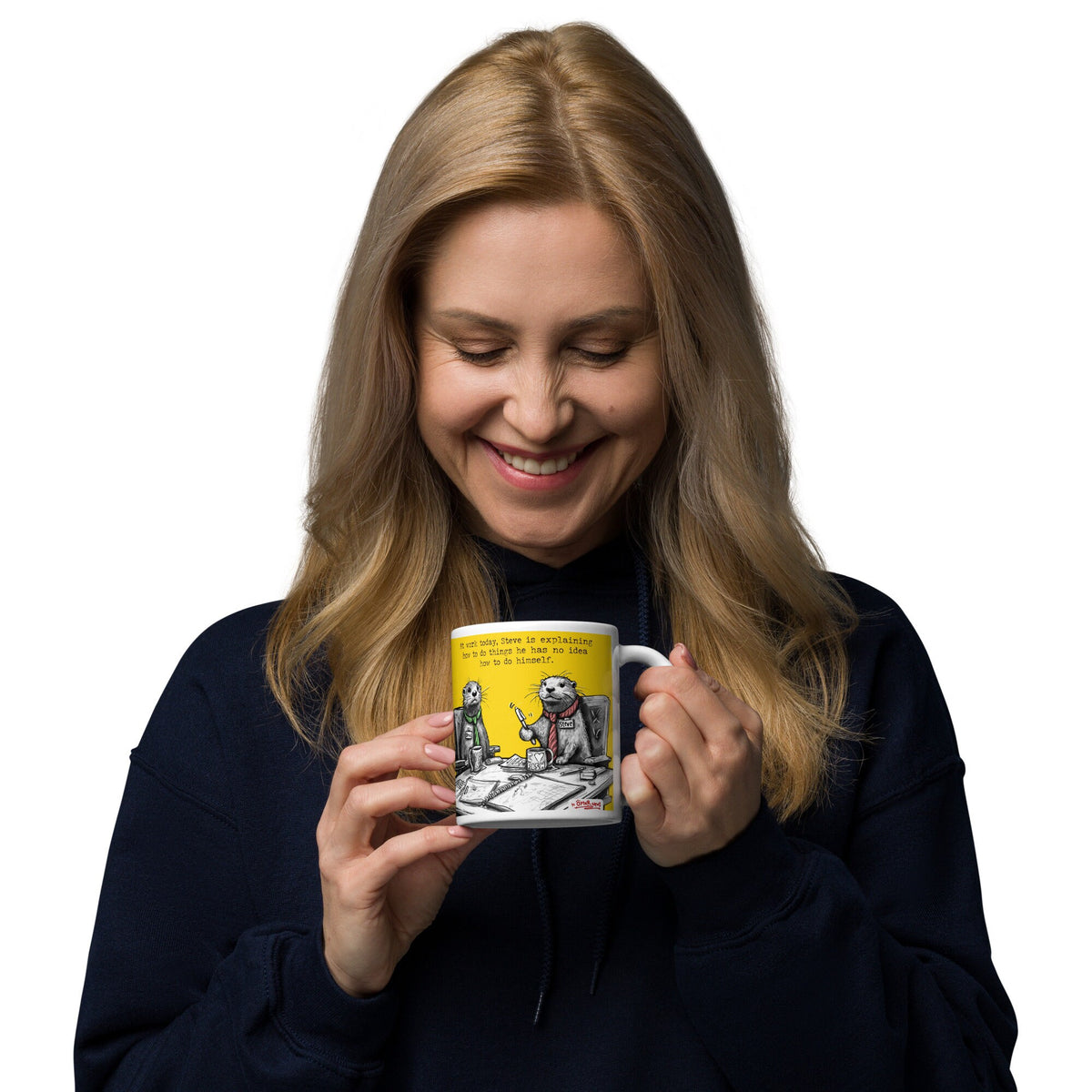 Woman enjoying a drink from the Steve Explains mug