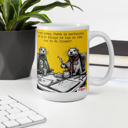 Steve Explains mug, 11 oz, on a desk with a plant and books