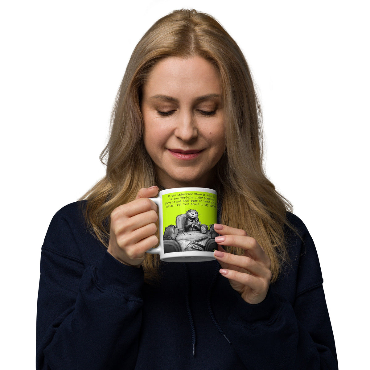 Woman holding the Under Pressure otter mug