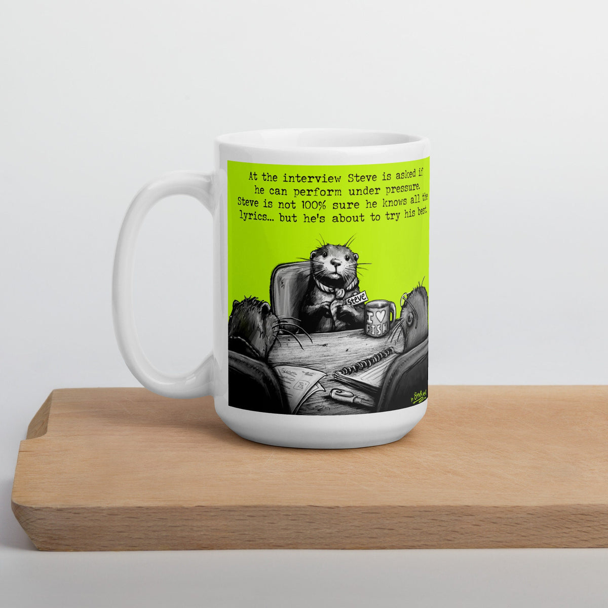 Under Pressure otter mug on a wooden shelf, other side