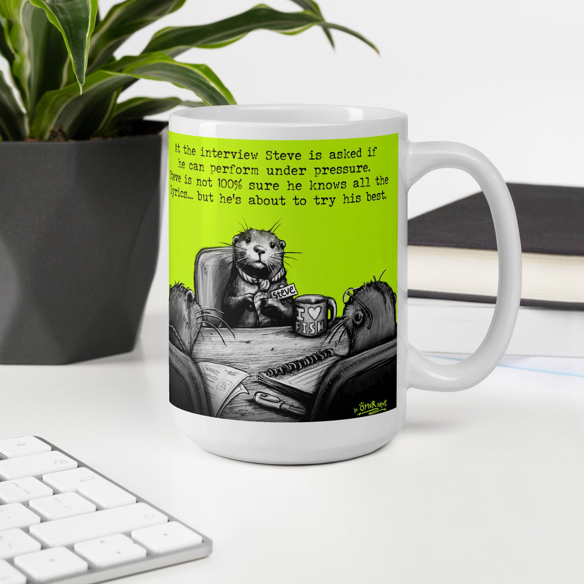 Under Pressure otter mug, 15 oz, on a desk