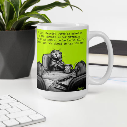 Under Pressure otter mug, 15 oz, on a desk