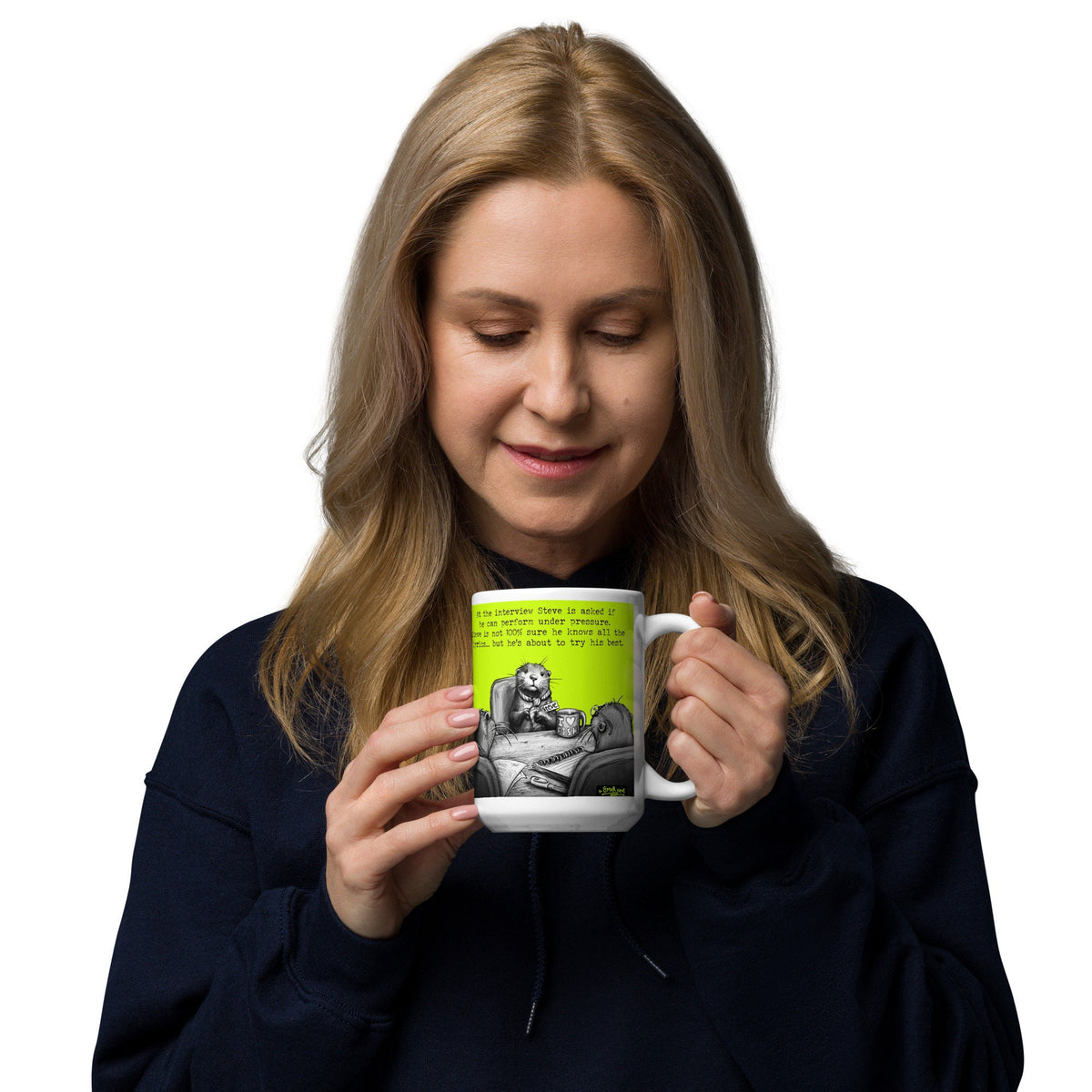 Woman smiling with the Under Pressure otter mug