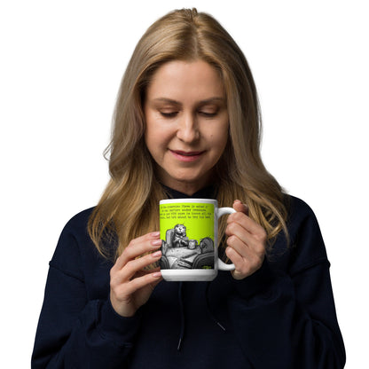 Woman smiling with the Under Pressure otter mug