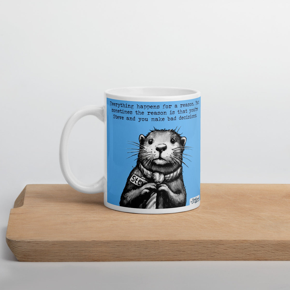 Bad Decisions mug on a wooden board