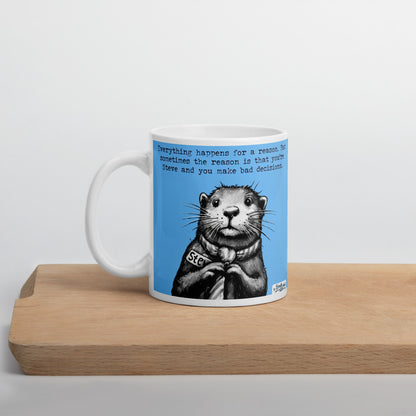 Bad Decisions mug on a wooden board