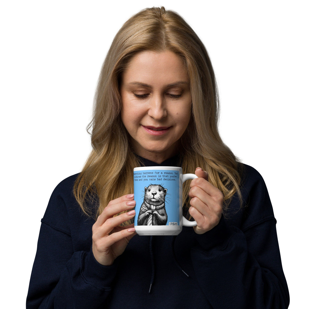 Woman enjoying a drink from the Bad Decisions mug