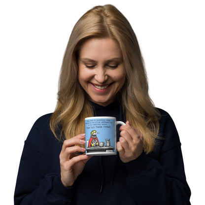 Woman enjoying a drink from the Stone Cold Steve Otter mug