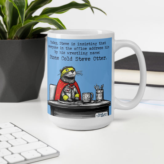 Stone Cold Steve Otter mug, 15 oz, on a desk with a plant and books