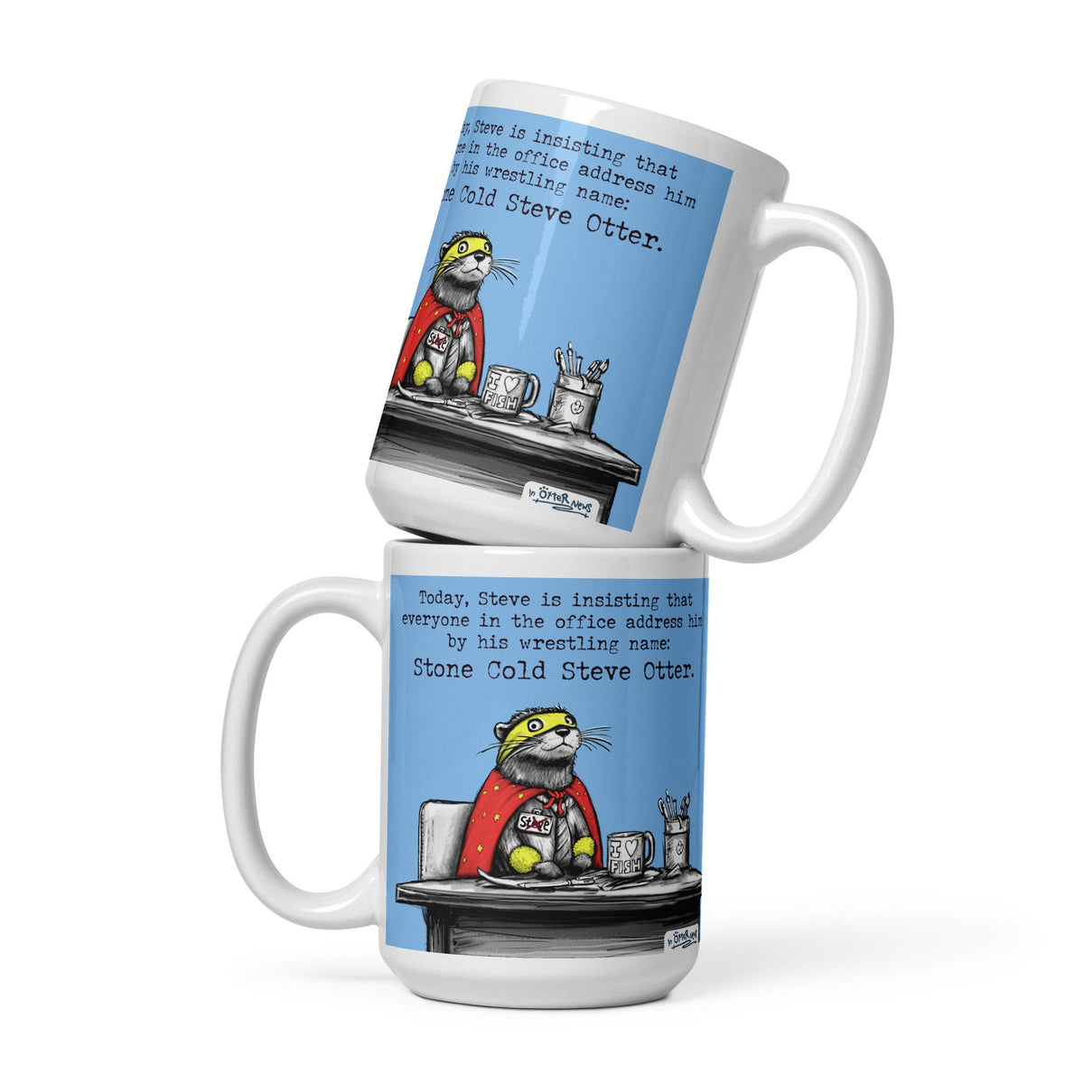 Stone Cold Steve Otter mugs stacked, from the back