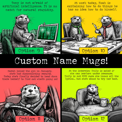 Custom name otter mugs: four artworks shown with example names in place of Steve