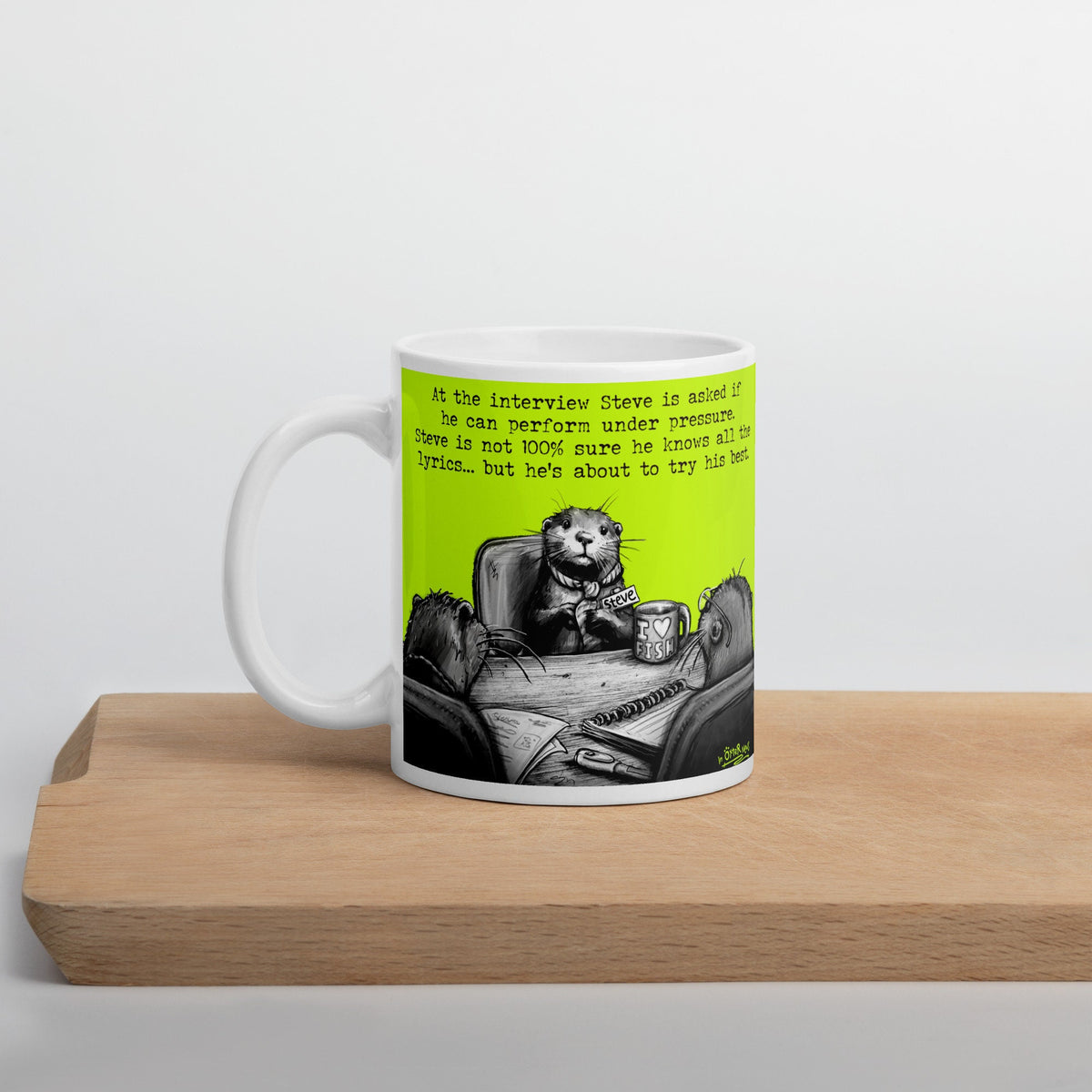 Under Pressure otter mug on a wooden shelf