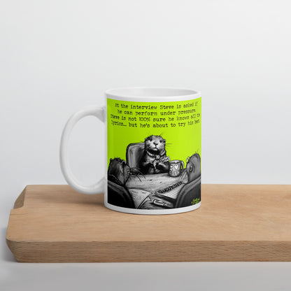 Under Pressure otter mug on a wooden shelf