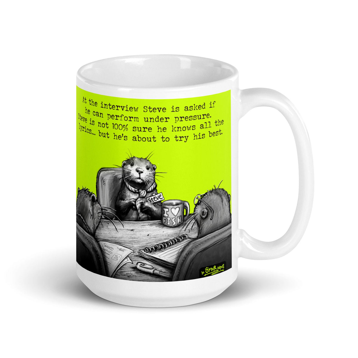 Under Pressure otter mug on a plain white background