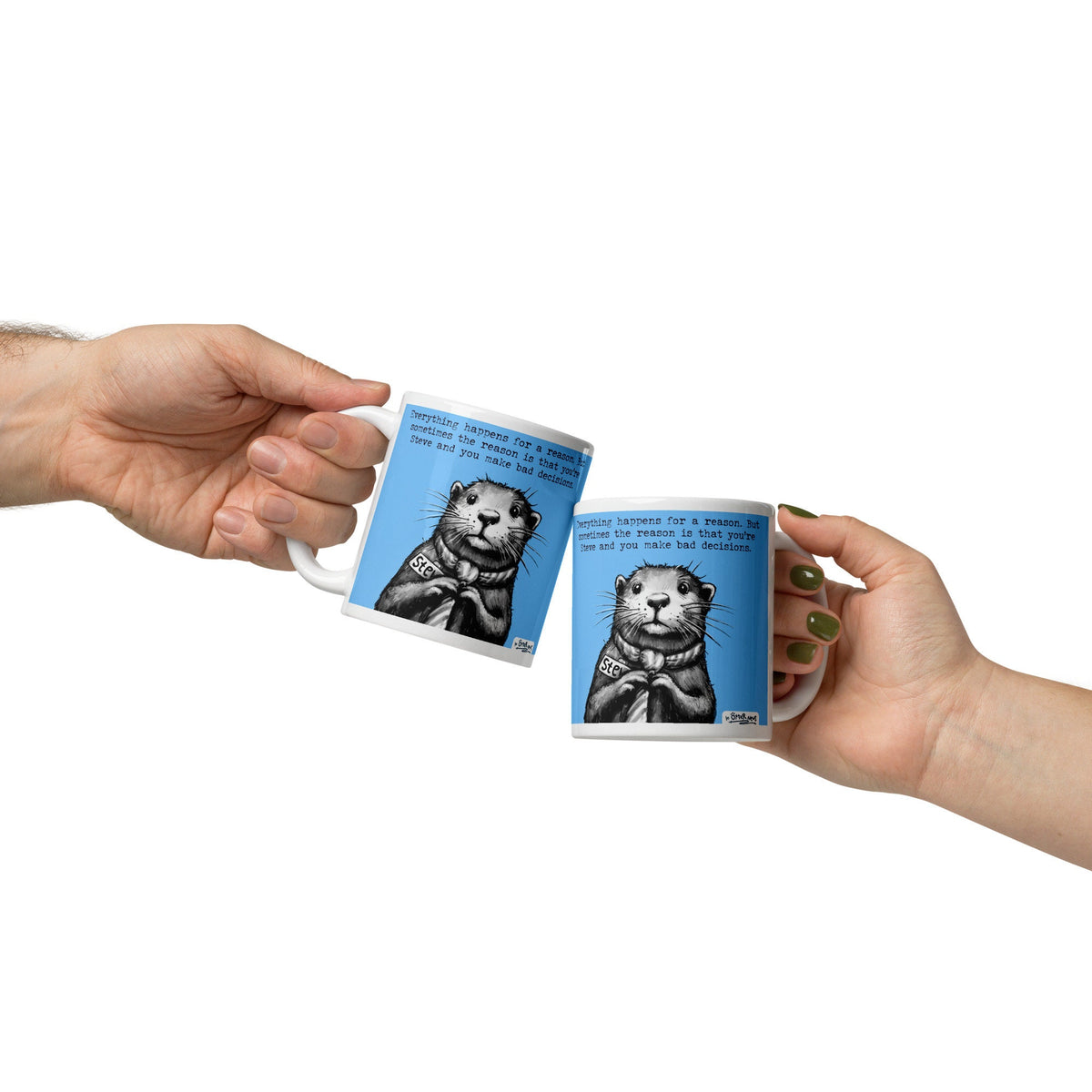 Two Bad Decisions mugs being passed between hands
