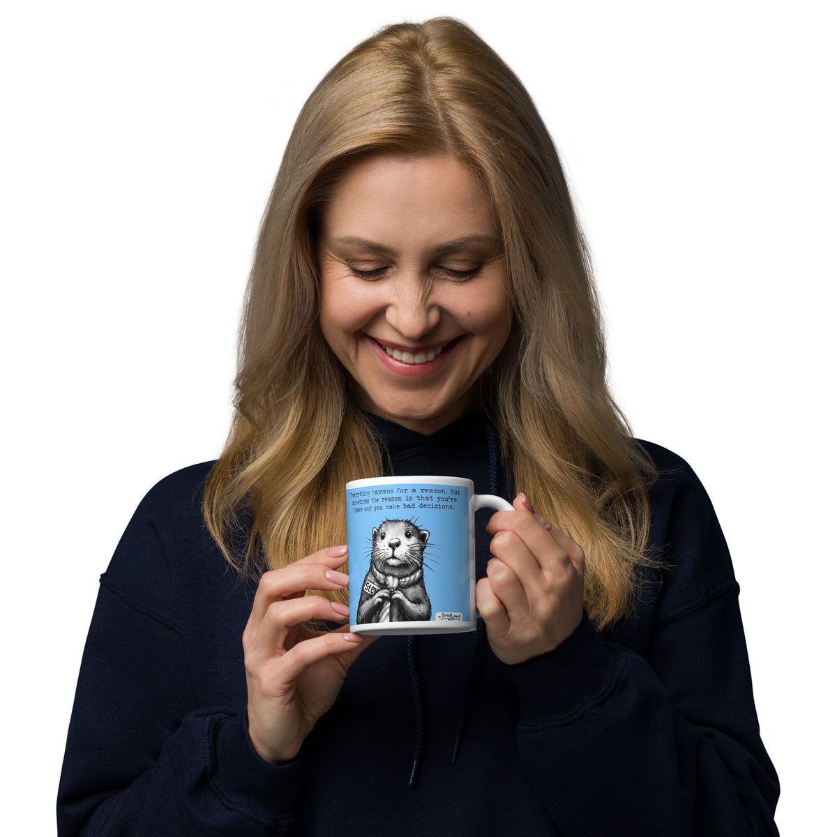 Woman holding the Bad Decisions otter mug