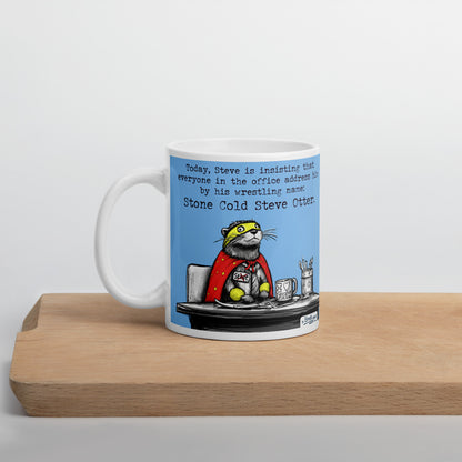 Stone Cold Steve Otter mug, 11 oz, on a wooden board
