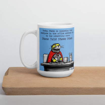 Stone Cold Steve Otter mug, 15 oz, on a wooden board