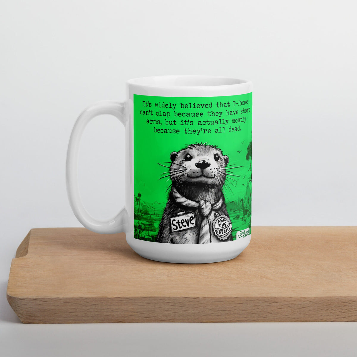 T-Rex mug on a wooden board