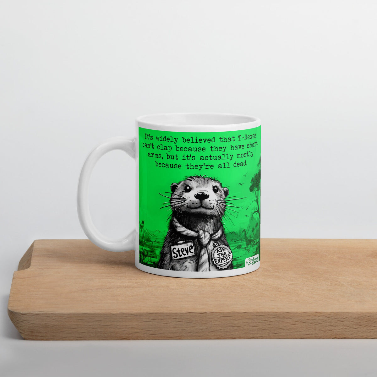T-Rex mug, 11 oz, on a wooden board