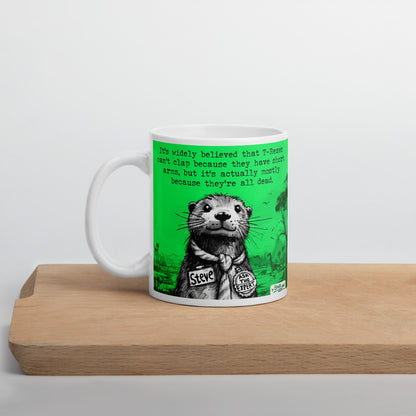 T-Rex mug, 11 oz, on a wooden board