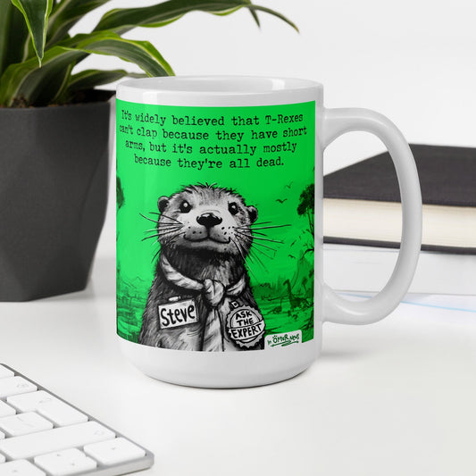 T-Rex otter mug, 15 oz, on a desk with a plant and books