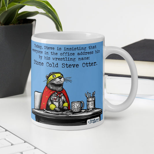 Stone Cold Steve Otter mug, 11 oz, with a plant and books: Steve dressed as a wrestler