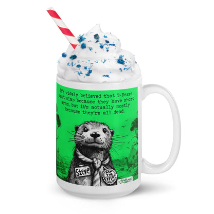 T-Rex mug topped with whipped cream and sprinkles