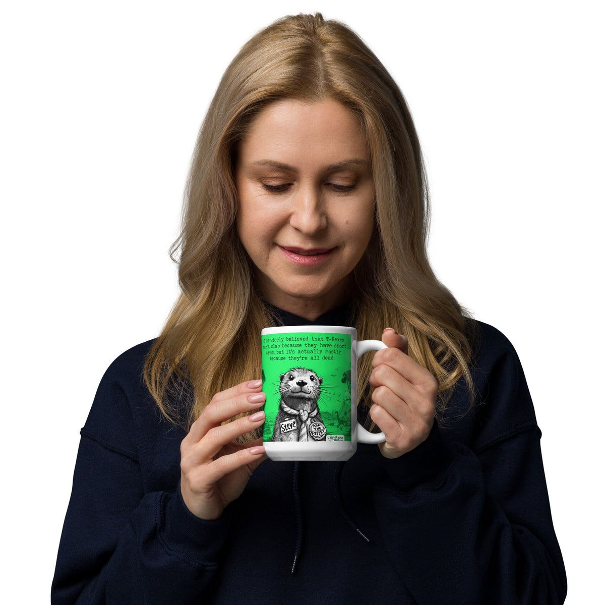 Woman enjoying a drink from the T-Rex mug