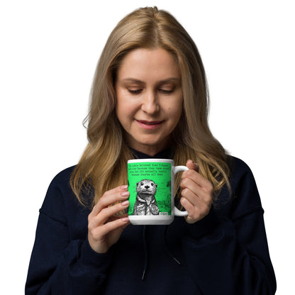 Woman enjoying a drink from the T-Rex mug