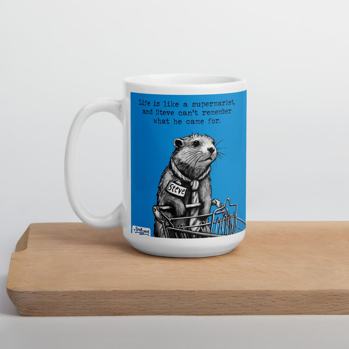 The Supermarket mug on a wooden board