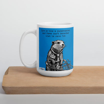The Supermarket mug on a wooden board