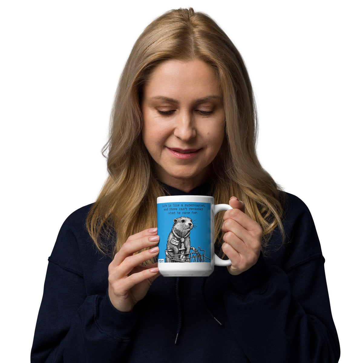 Woman holding The Supermarket otter mug