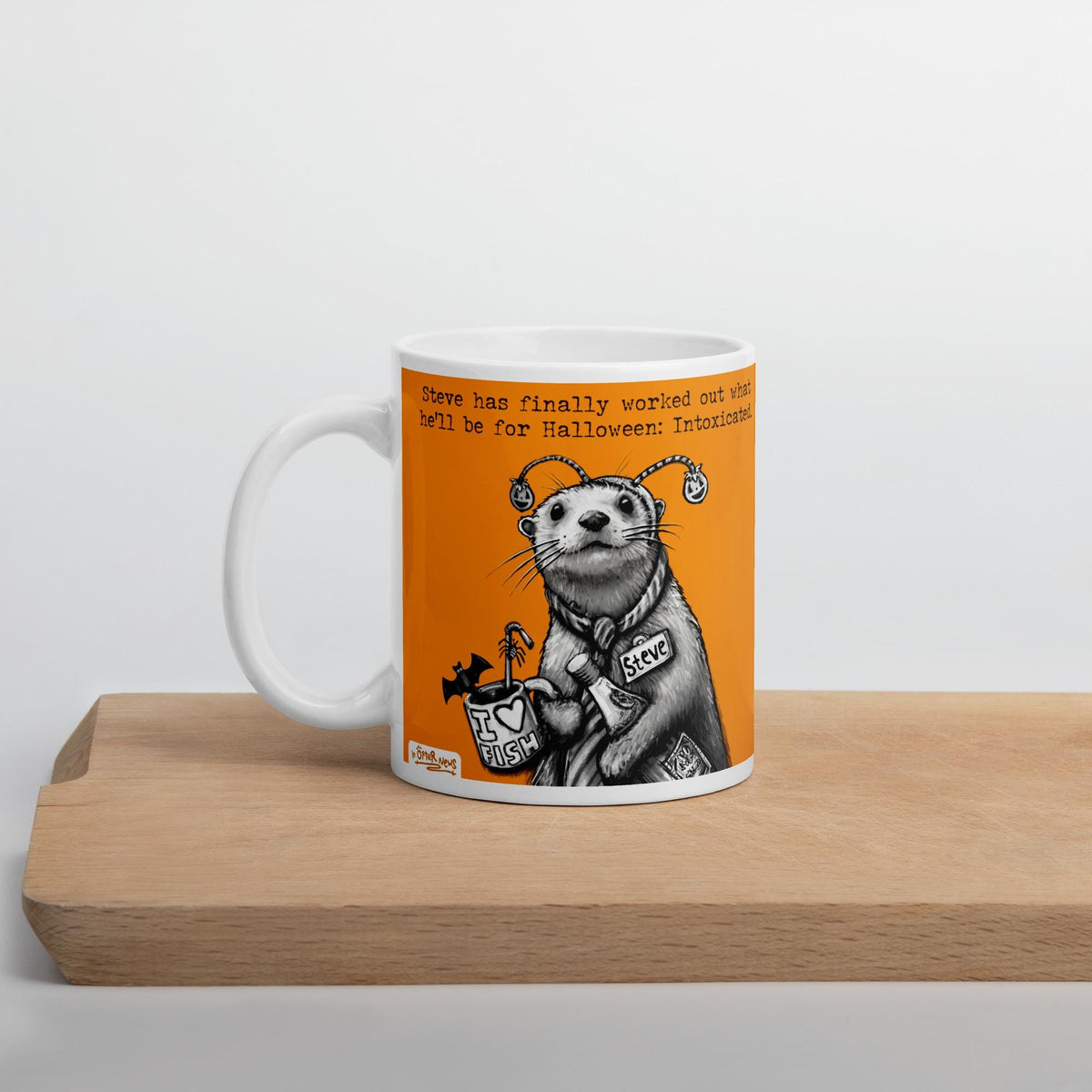 Intoxicated mug on a wooden board