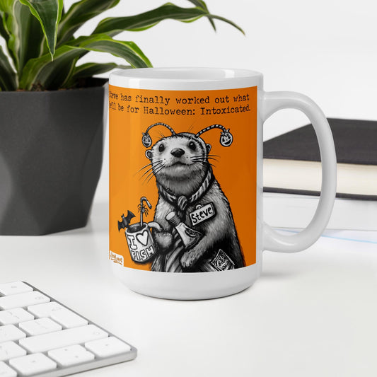 Intoxicated otter mug, 15 oz, on a desk with a plant and books