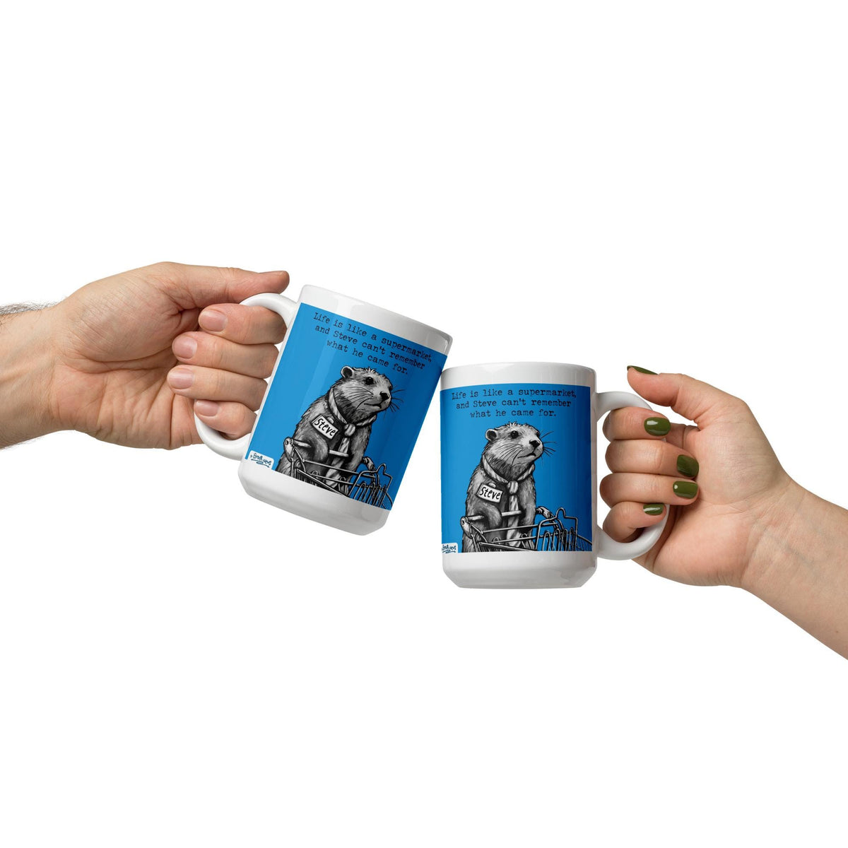 Two Supermarket mugs being passed between hands