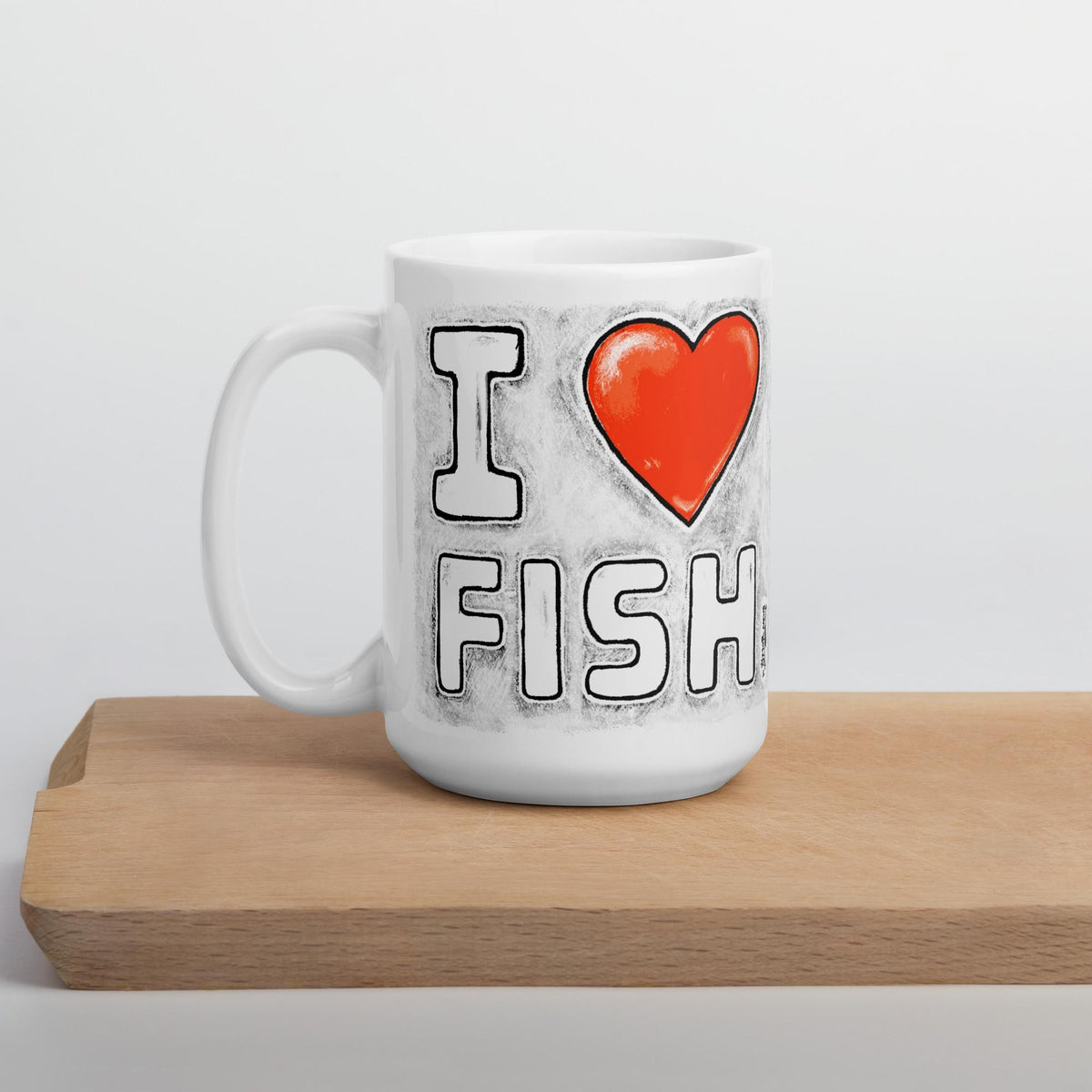I Love Fish mug on a wooden board