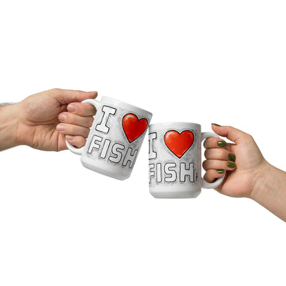 Two I Love Fish mugs being passed between hands