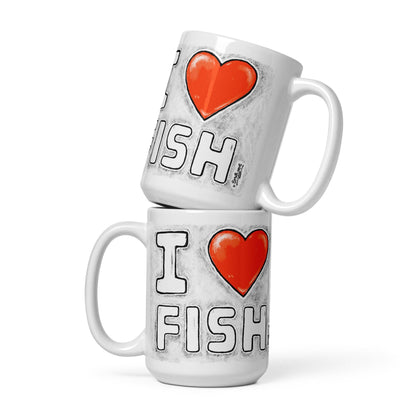 I Love Fish mug in both sizes, stacked